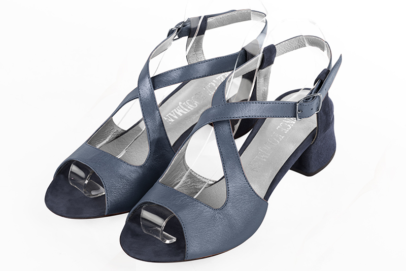 Navy blue women's open back sandals, with crossed straps. Round toe. Low flare heels - Florence KOOIJMAN